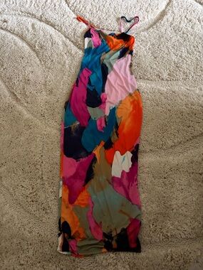 Abstract Multicolor Maxi Slip Skirt — Pink, Blue, Orange